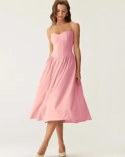 Pink Square Neck Pocket Slip Midi Dress