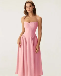 Pink Square Neck Pocket Slip Midi Dress