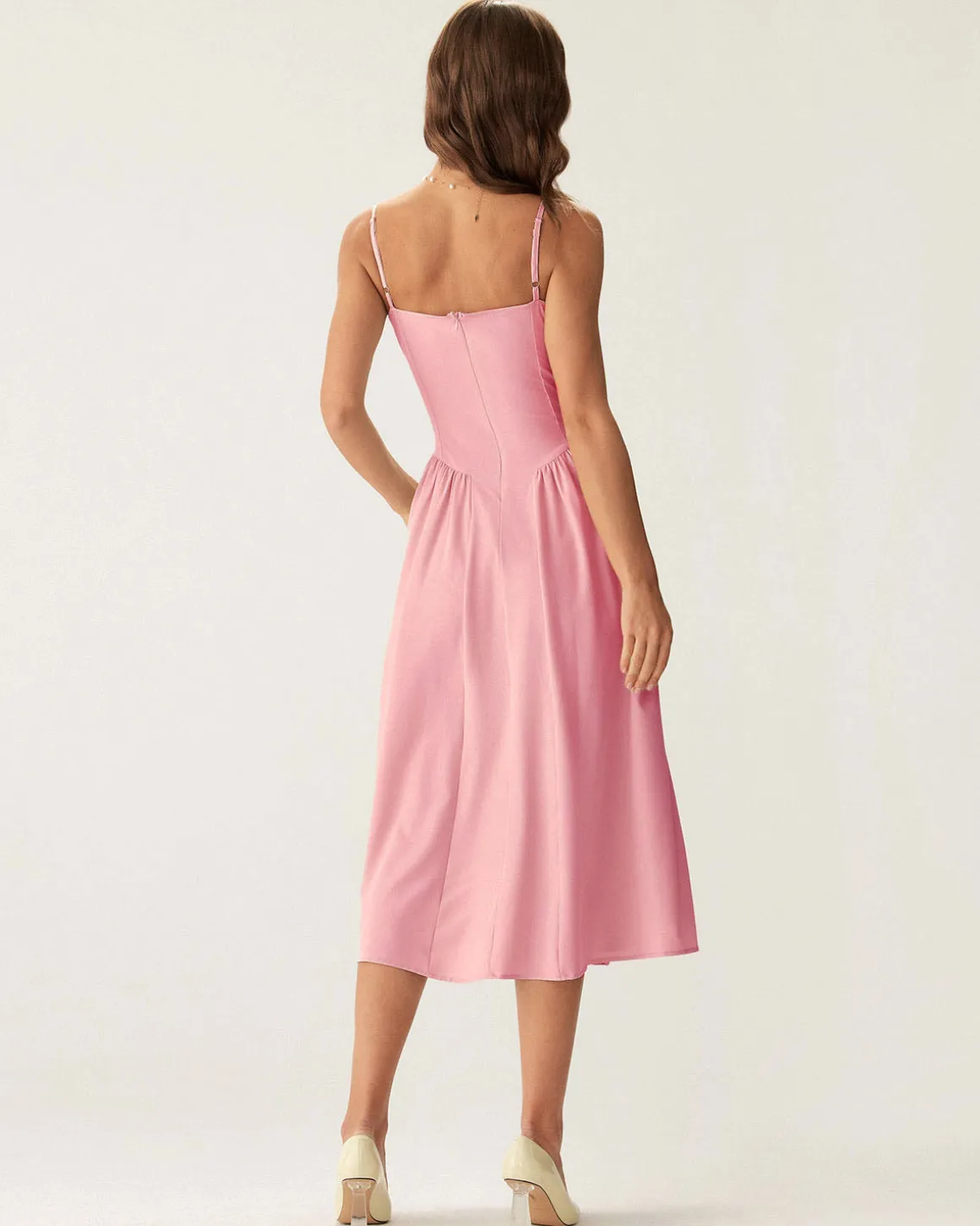 Pink Square Neck Pocket Slip Midi Dress
