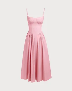 Pink Square Neck Pocket Slip Midi Dress