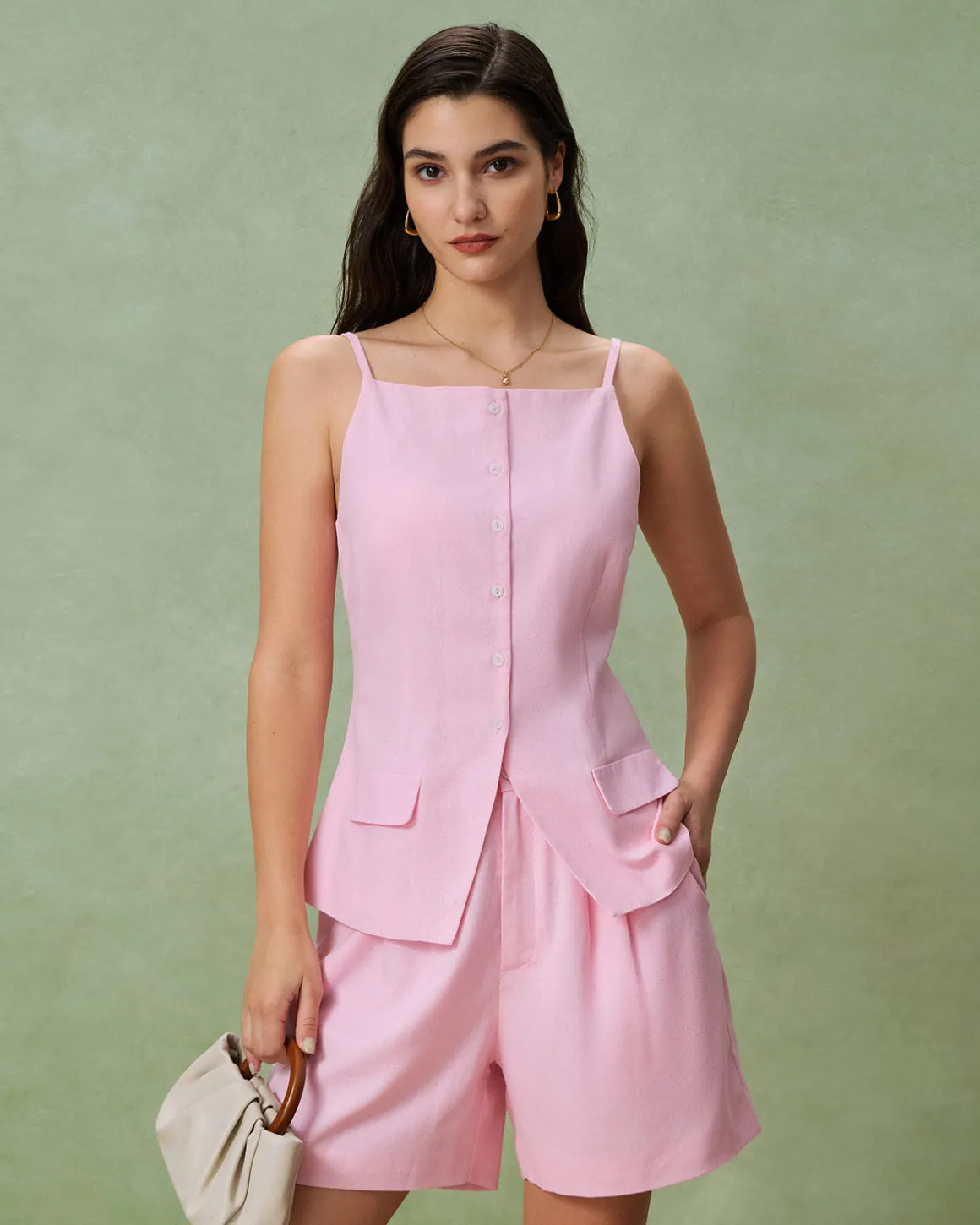 Pink Square Neck Pocket Vest