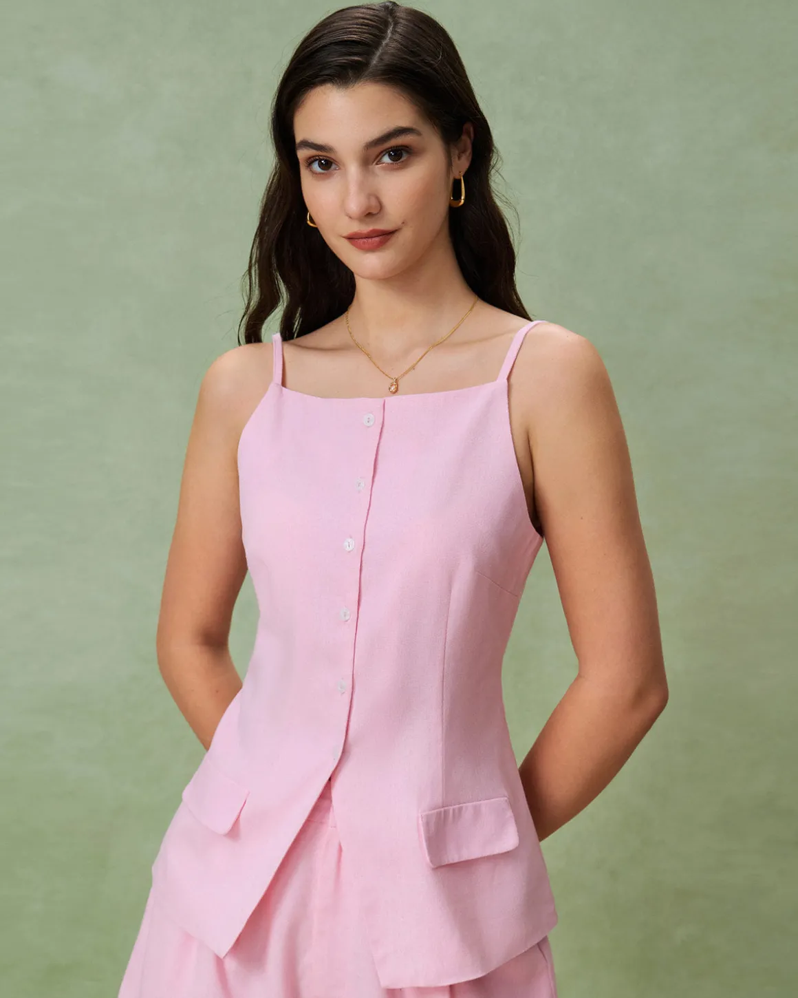 Pink Square Neck Pocket Vest