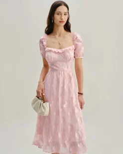 Pink Square Neck Puffed Sleeve Midi Dress