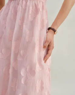Pink Square Neck Puffed Sleeve Midi Dress