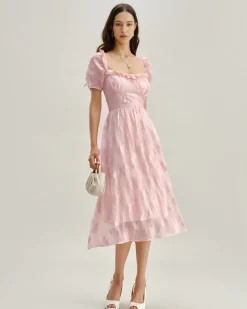 Pink Square Neck Puffed Sleeve Midi Dress