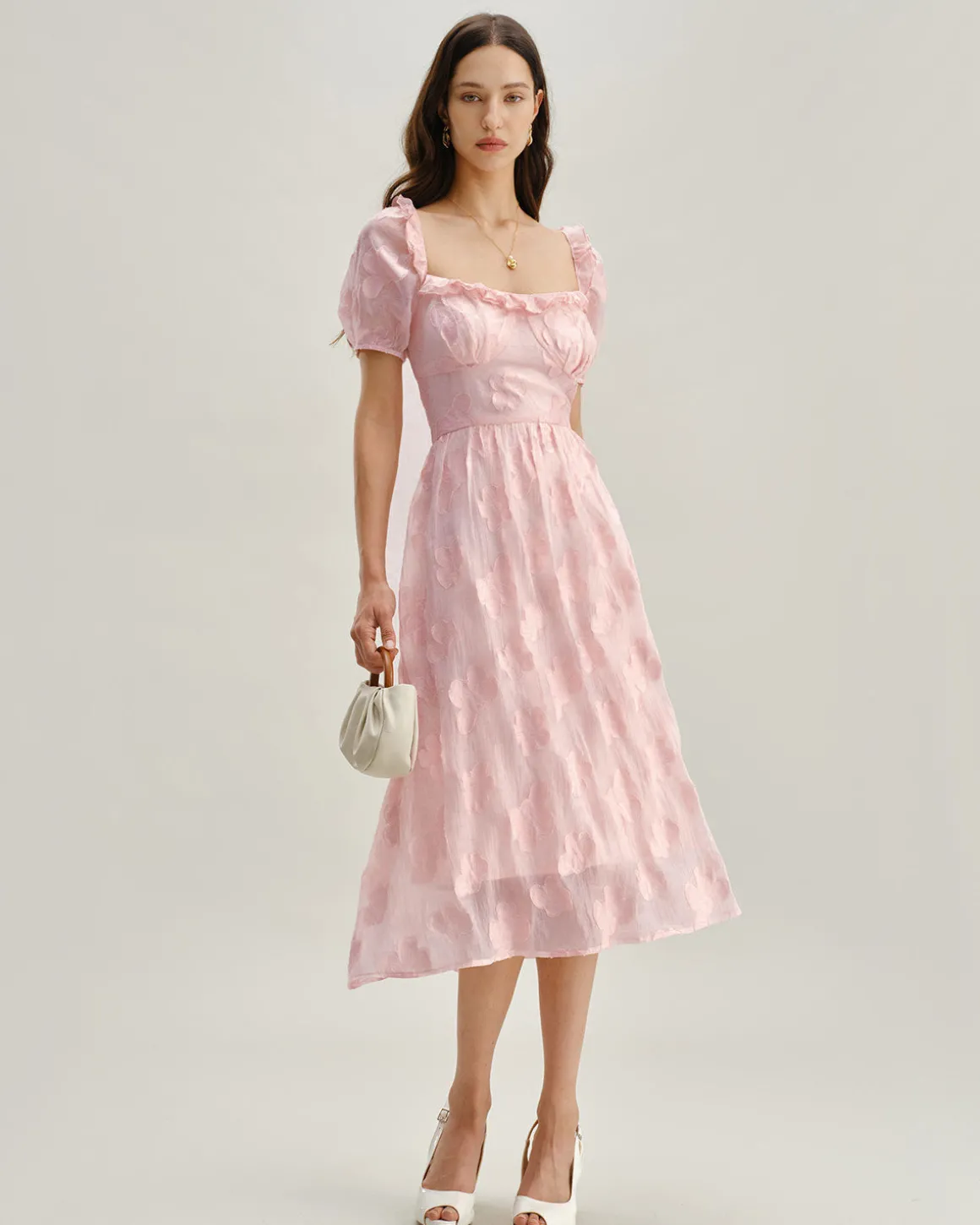 Pink Square Neck Puffed Sleeve Midi Dress