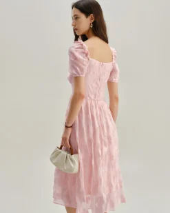 Pink Square Neck Puffed Sleeve Midi Dress