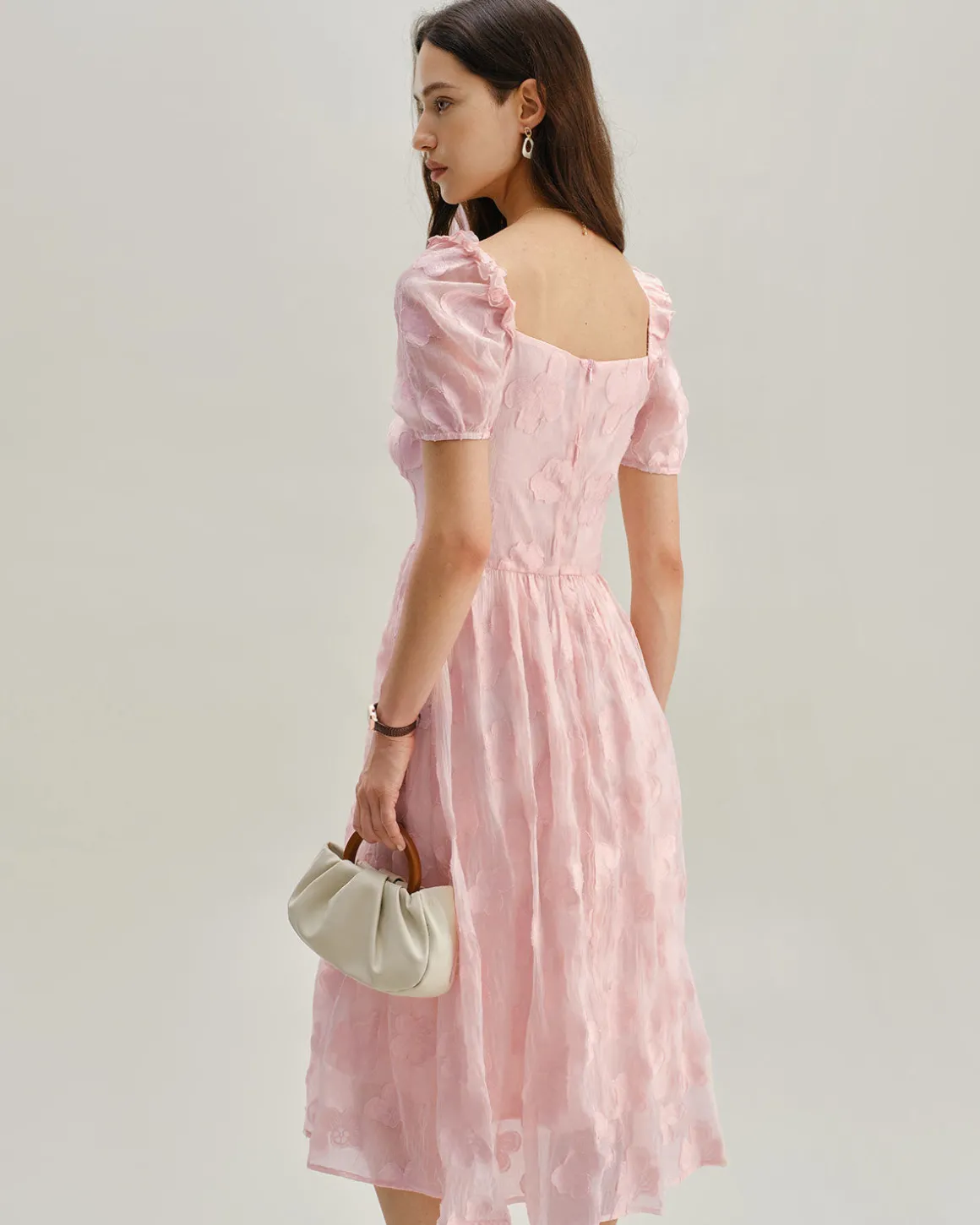 Pink Square Neck Puffed Sleeve Midi Dress
