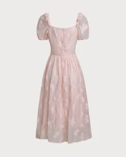 Pink Square Neck Puffed Sleeve Midi Dress