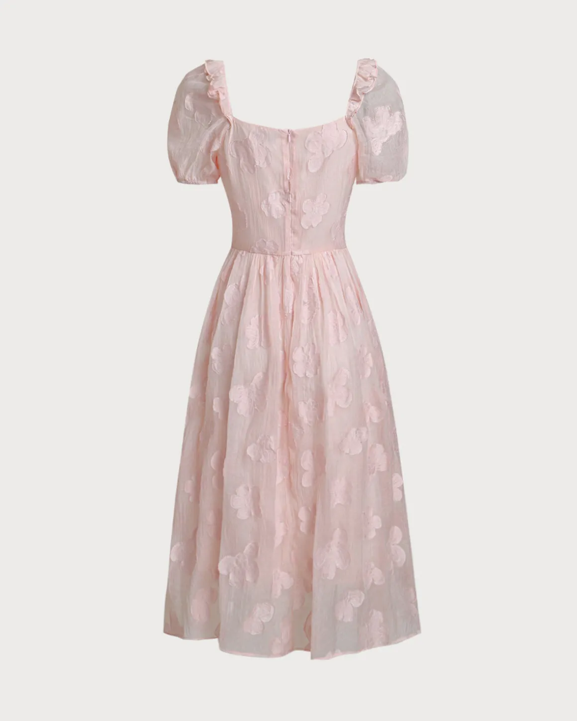 Pink Square Neck Puffed Sleeve Midi Dress