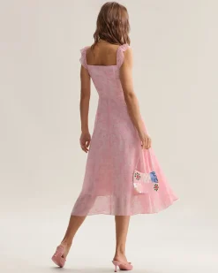 Pink Square Neck Ruffle Midi Dress