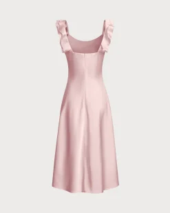 Pink Square Neck Ruffle Satin Midi Dress