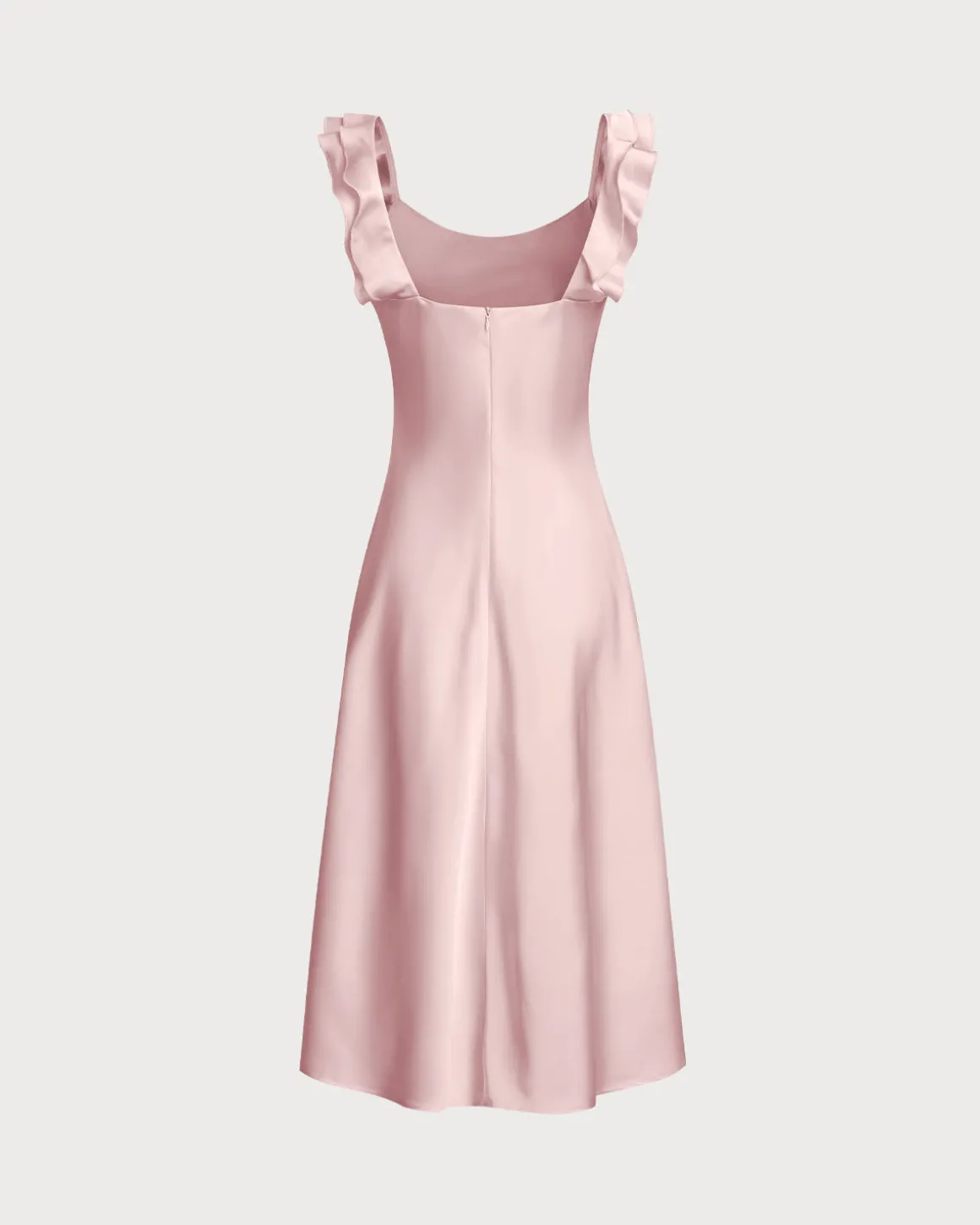 Pink Square Neck Ruffle Satin Midi Dress