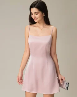 Pink Square Neck Satin Mini Dress