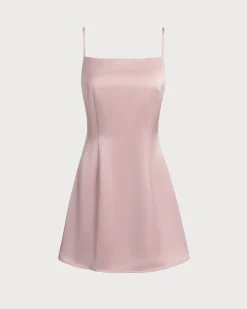 Pink Square Neck Satin Mini Dress