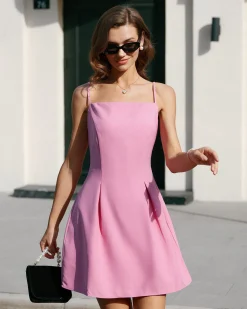 Pink Square Neck Slip Pleated Mini Dress