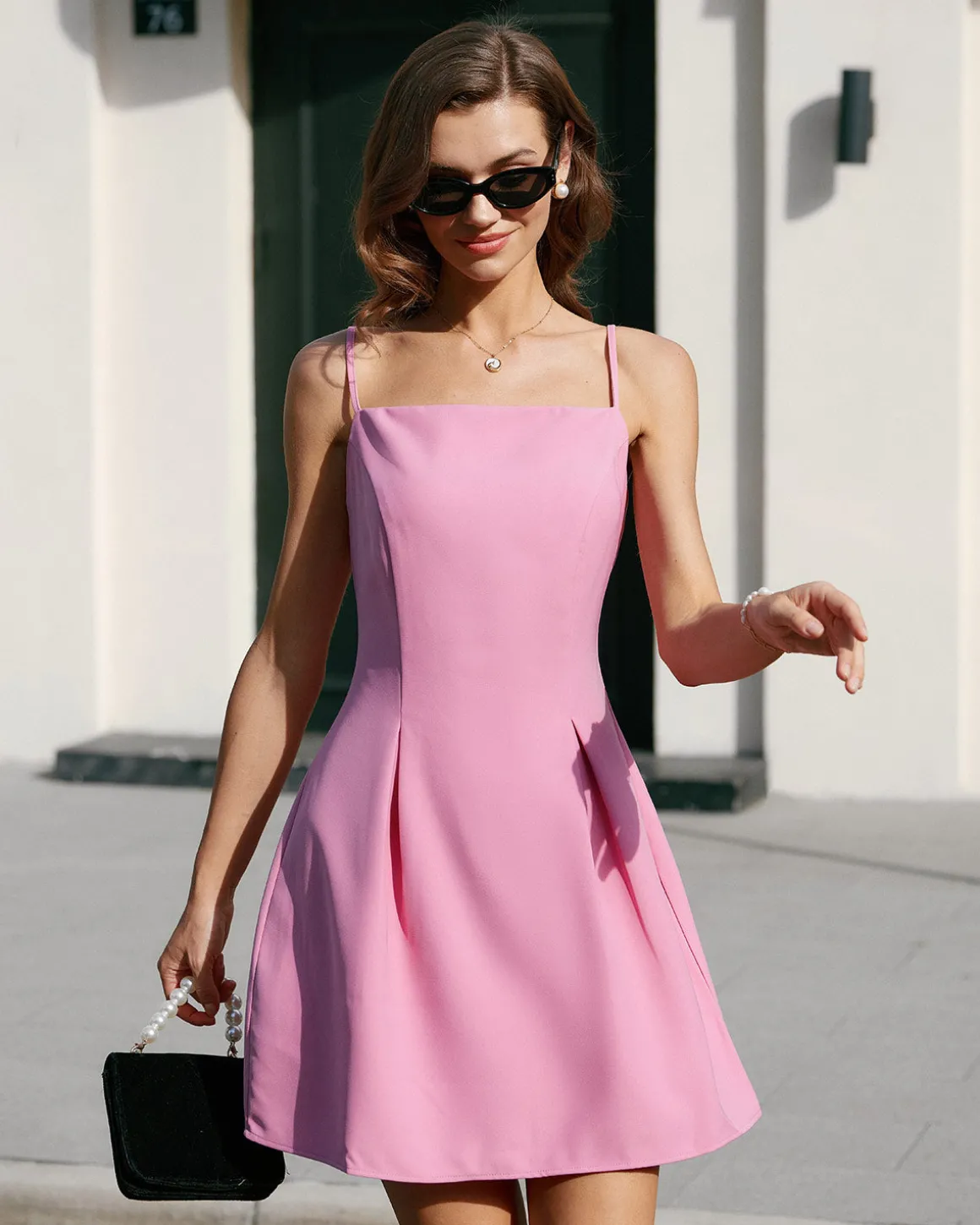Pink Square Neck Slip Pleated Mini Dress