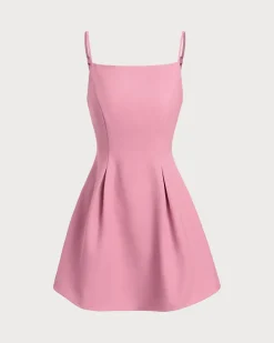 Pink Square Neck Slip Pleated Mini Dress