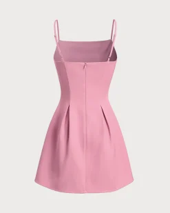 Pink Square Neck Slip Pleated Mini Dress