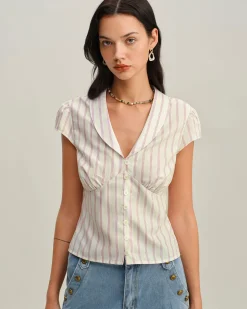 Pink Striped Cap Sleeve Button Blouse