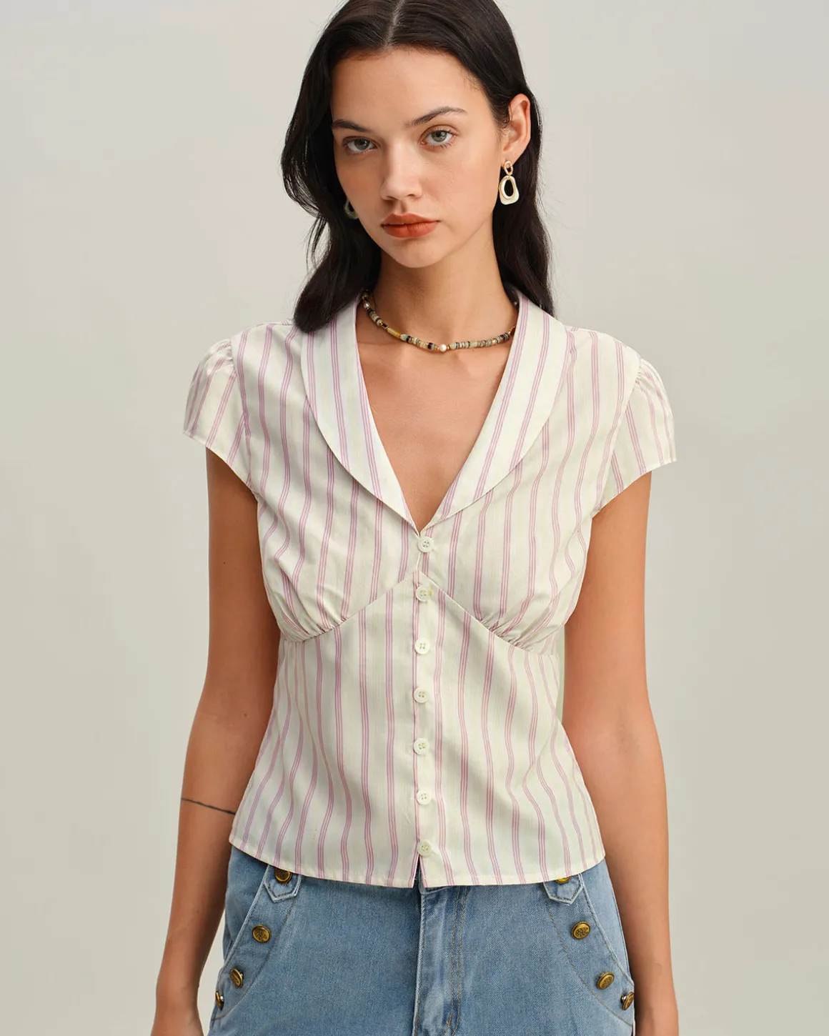 Pink Striped Cap Sleeve Button Blouse