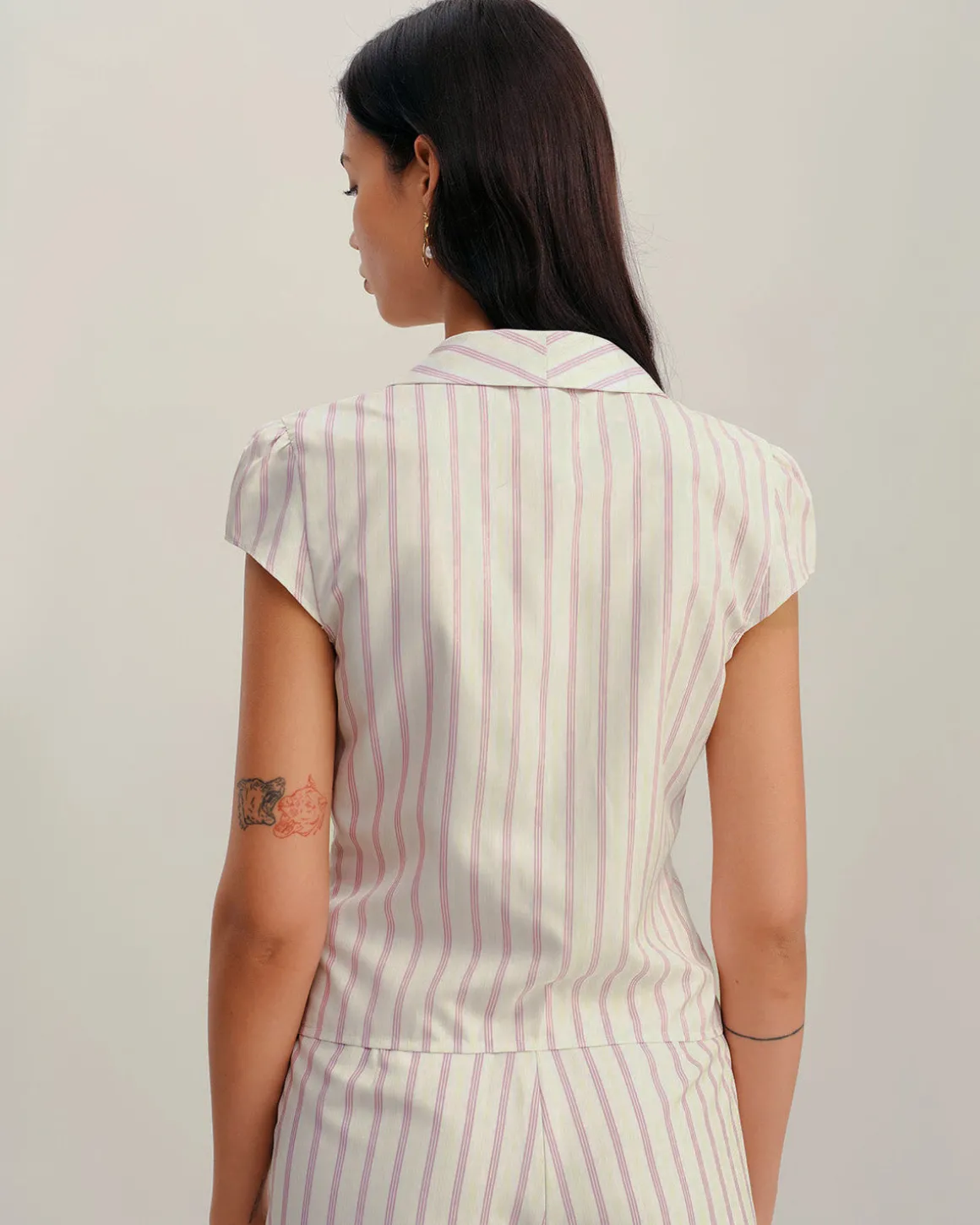 Pink Striped Cap Sleeve Button Blouse
