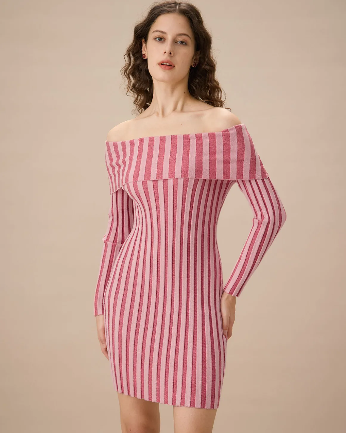 Pink Striped Off The Shoulder Bodycon Sweater Dress