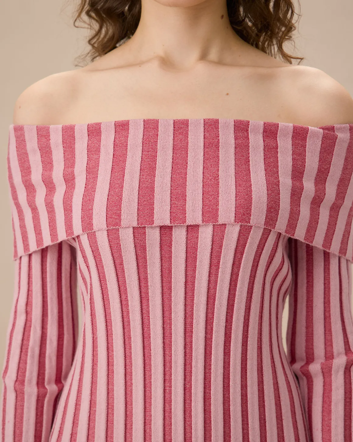 Pink Striped Off The Shoulder Bodycon Sweater Dress