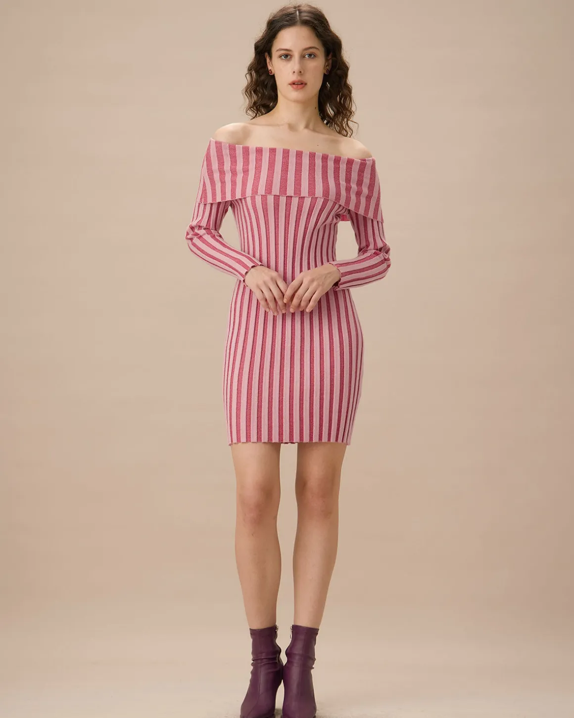 Pink Striped Off The Shoulder Bodycon Sweater Dress
