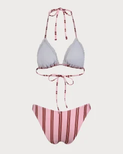 Pink Striped Ruffle Halter Bikini Set