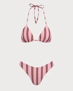 Pink Striped Ruffle Halter Bikini Set