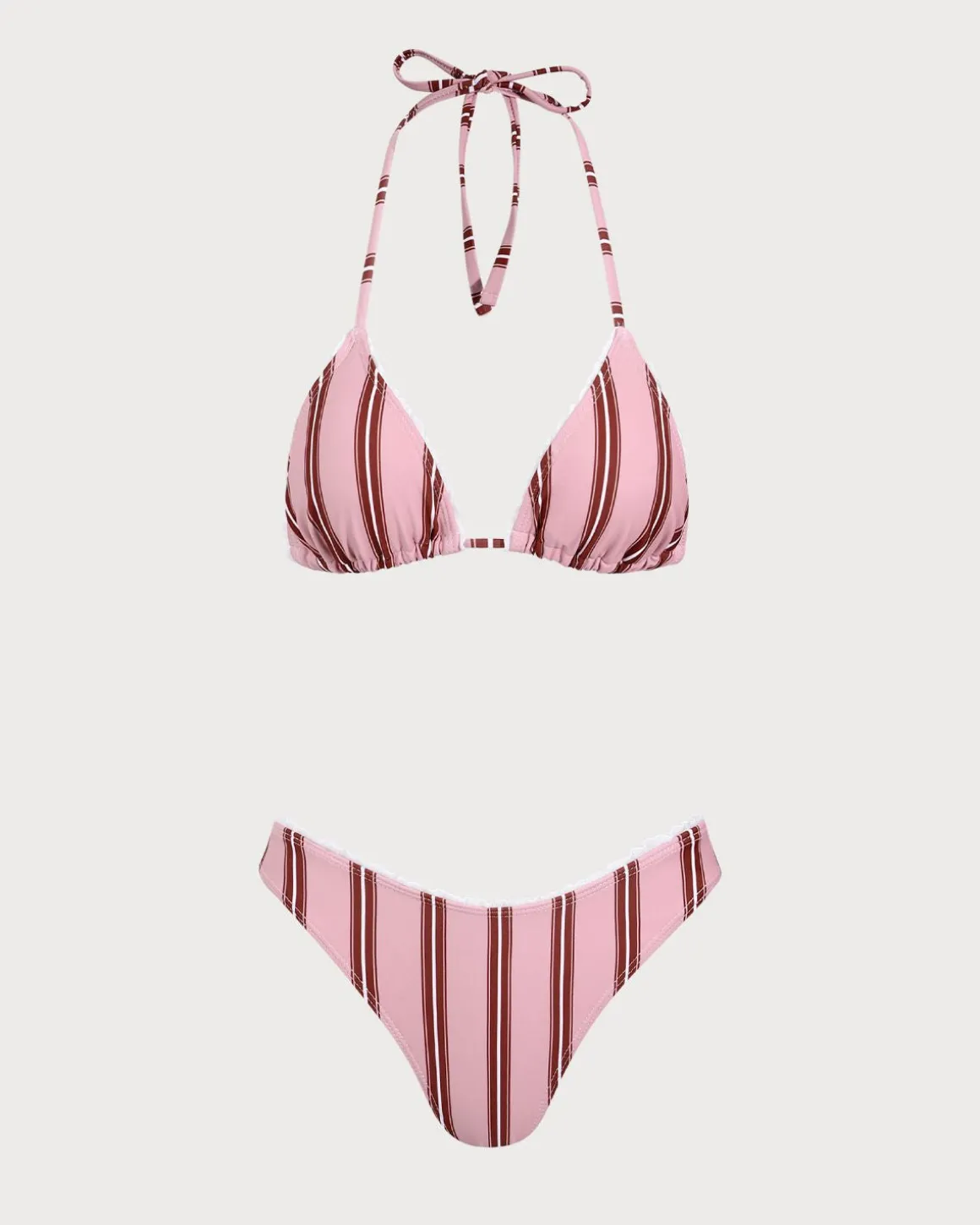 Pink Striped Ruffle Halter Bikini Set