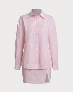 Pink Striped Shirt Skirt Sets