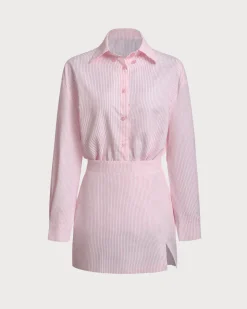 Pink Striped Shirt Skirt Sets