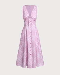 Pink Striped Sleeveless Midi Dress