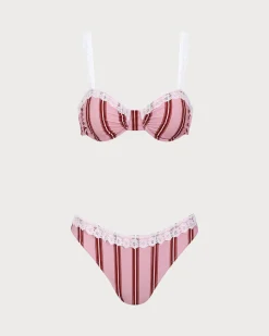 Pink Striped Underwired Lace Bikini Set