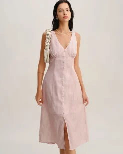 Pink Striped V Neck Sleeveless Midi Dress
