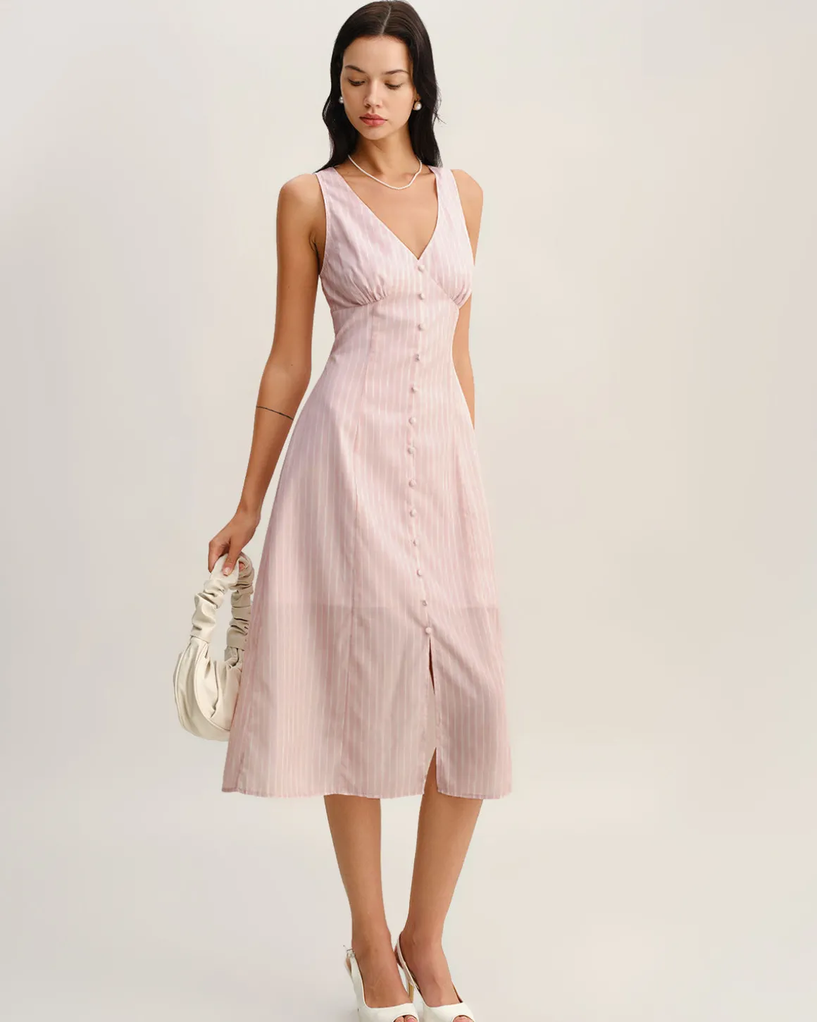 Pink Striped V Neck Sleeveless Midi Dress