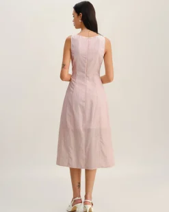 Pink Striped V Neck Sleeveless Midi Dress