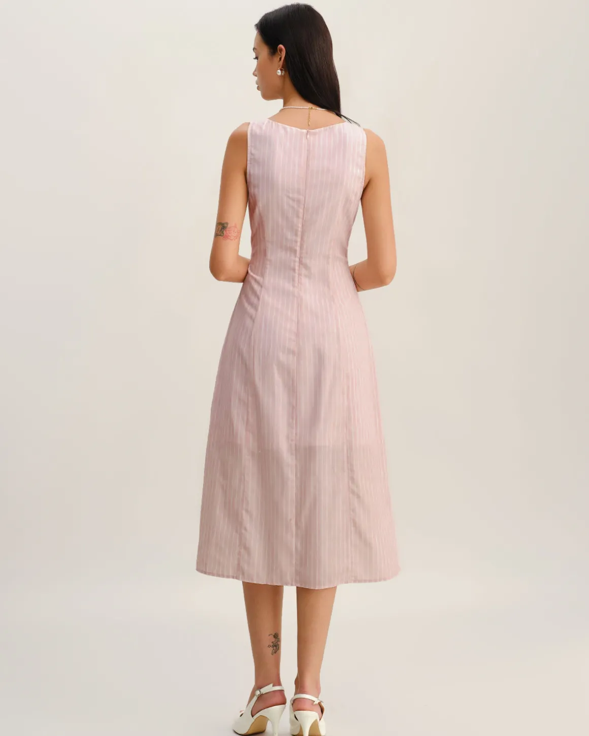 Pink Striped V Neck Sleeveless Midi Dress