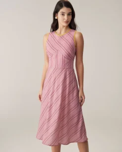 Pink Striped V Neck Sleeveless Midi Dresses