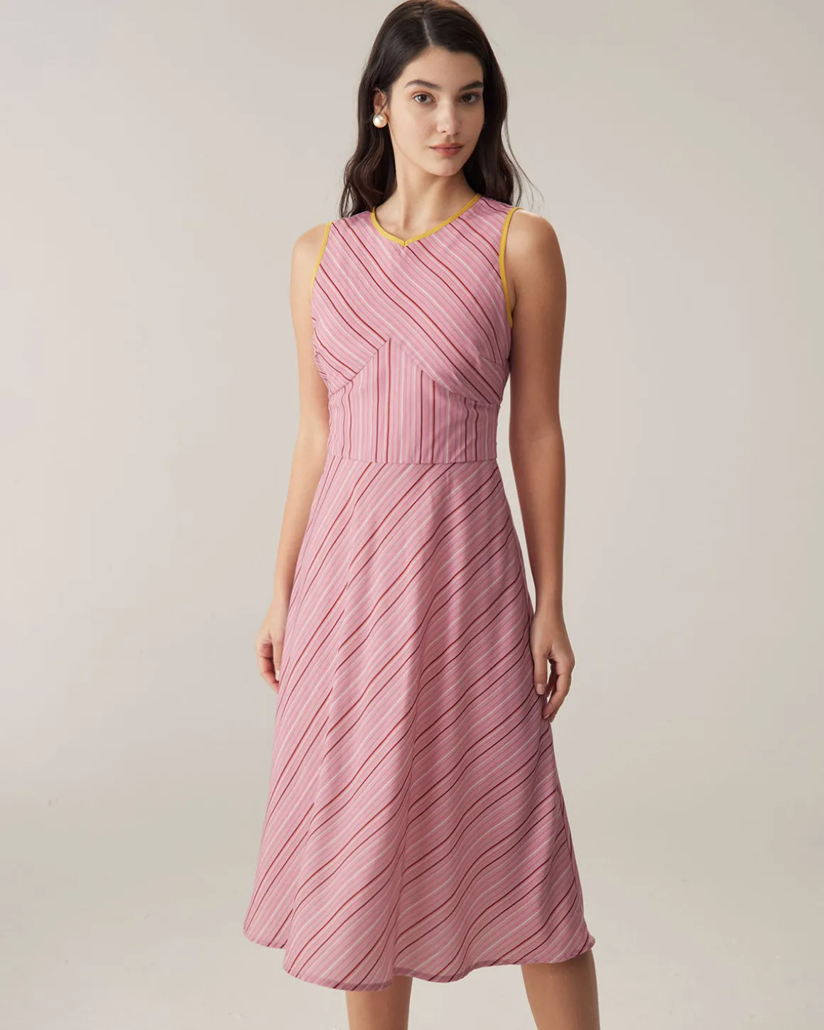 Pink Striped V Neck Sleeveless Midi Dresses