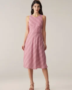 Pink Striped V Neck Sleeveless Midi Dresses