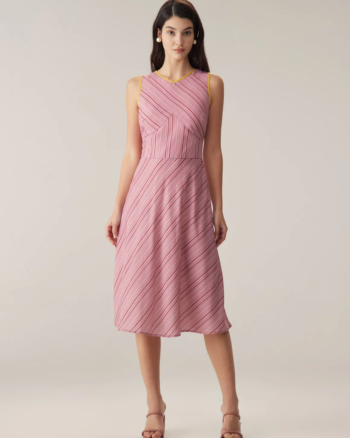 Pink Striped V Neck Sleeveless Midi Dresses