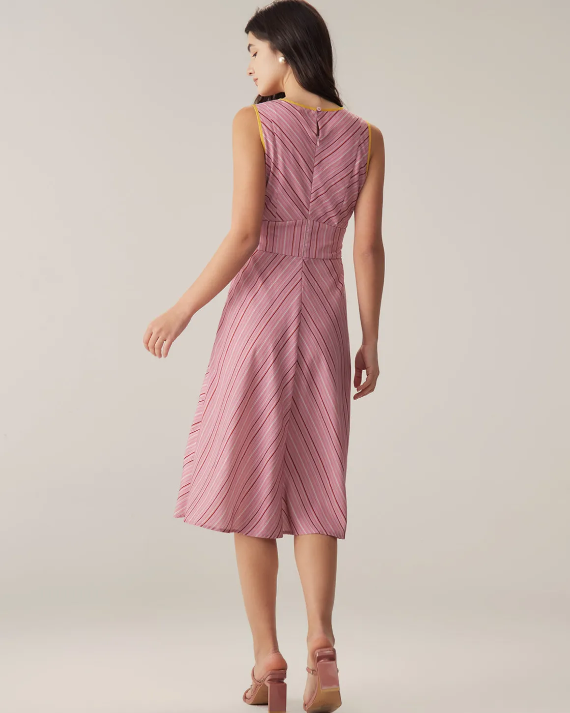 Pink Striped V Neck Sleeveless Midi Dresses