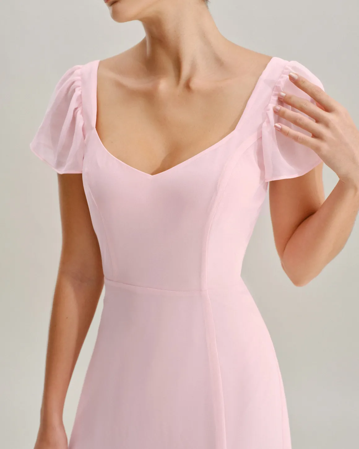 Pink Sweetheart Neck Chiffon Maxi Dress