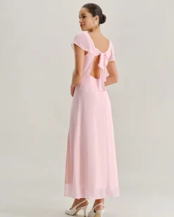Pink Sweetheart Neck Chiffon Maxi Dress