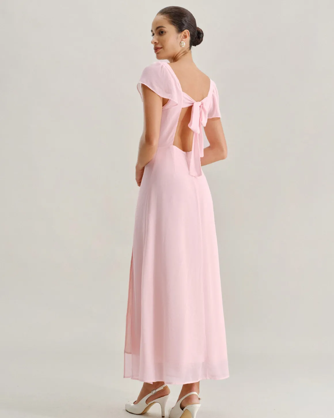 Pink Sweetheart Neck Chiffon Maxi Dress