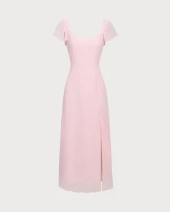 Pink Sweetheart Neck Chiffon Maxi Dress