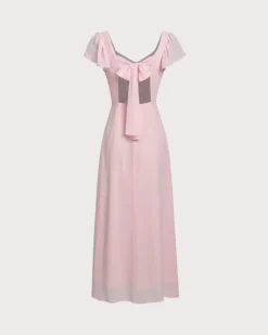 Pink Sweetheart Neck Chiffon Maxi Dress